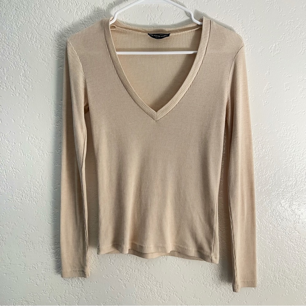 The Fifth Label Beige Long Sleeve Ribbed V-Neck Top